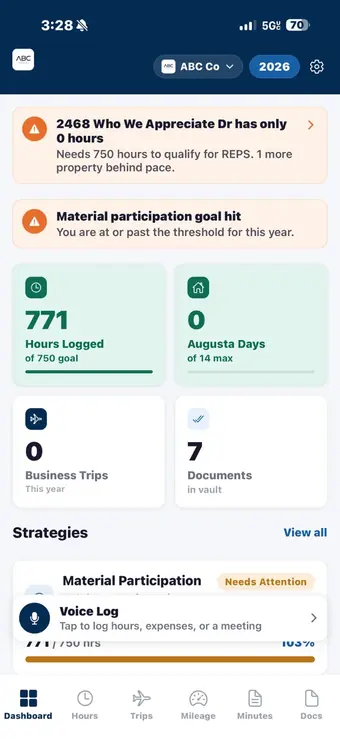 Dashboard with hours logged, Augusta days, business trips, documents in vault and a strategies list.