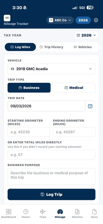 The Mileage Tracker: vehicle selector, business or medical trip type, trip date, starting and ending odometer fields, business purpose and a Log Trip button.